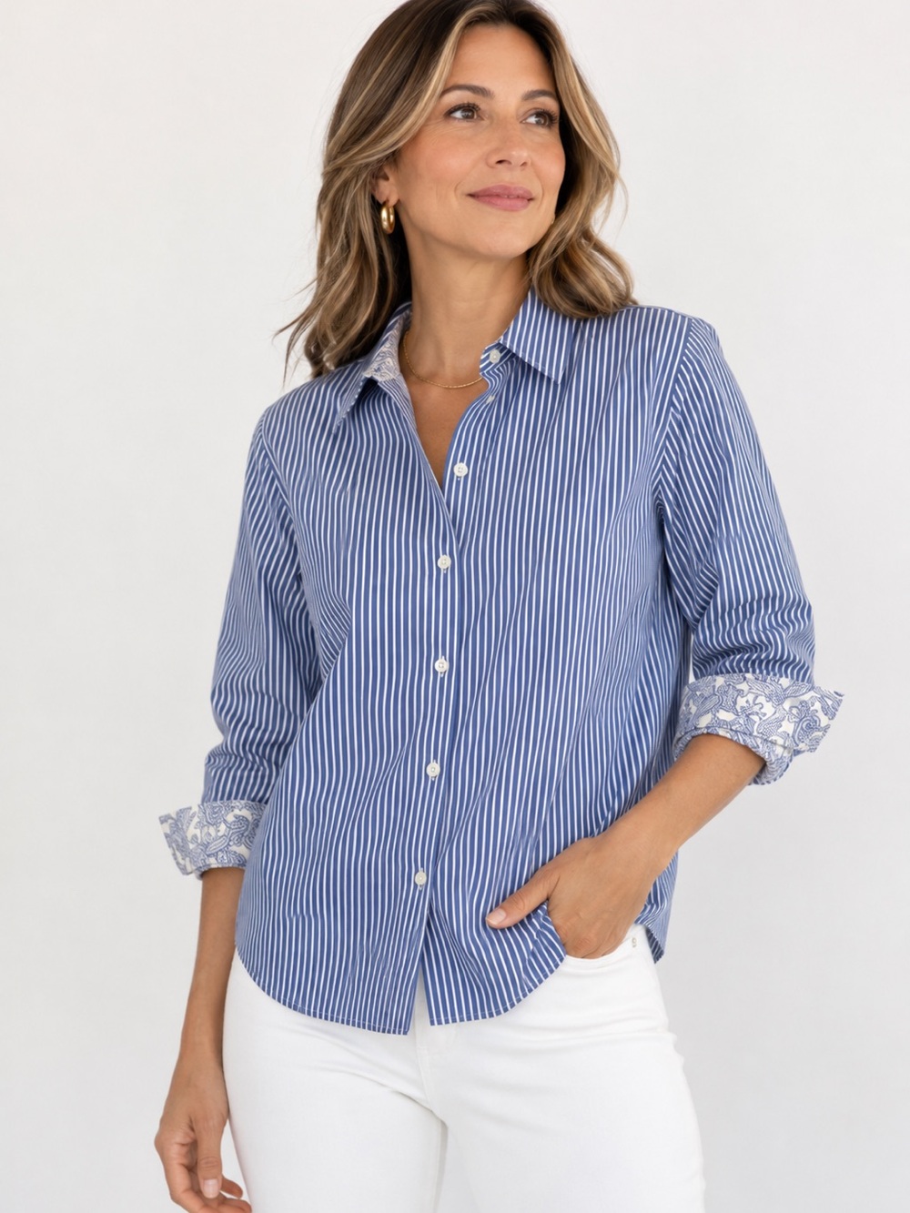 TALBOTS petite wrinkle, resistant, striped blue and white button-down shirt.